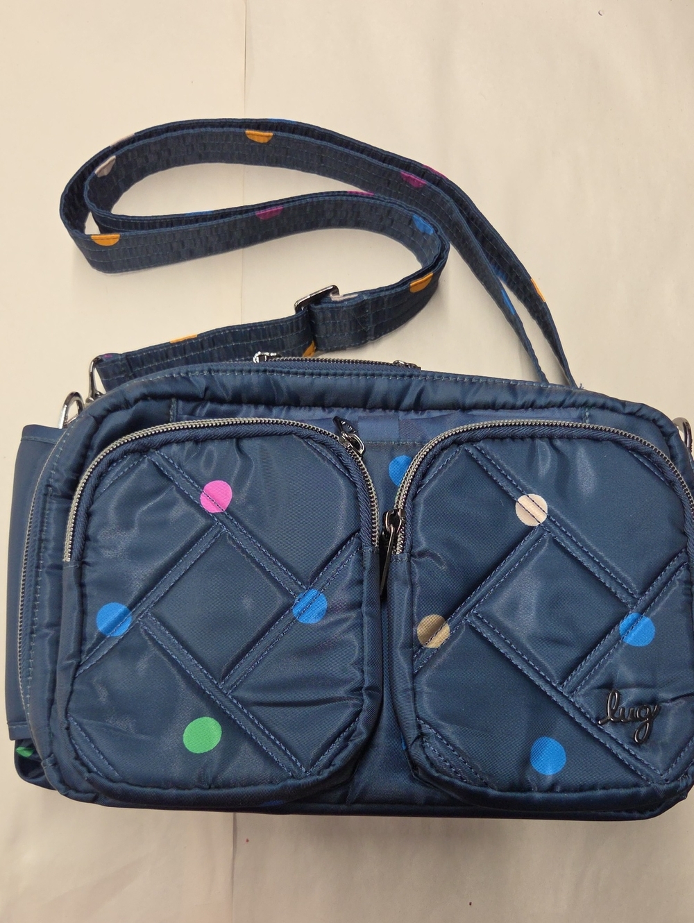 lug Navy Quilted Rider Crossbody with Multicolor Dot Print